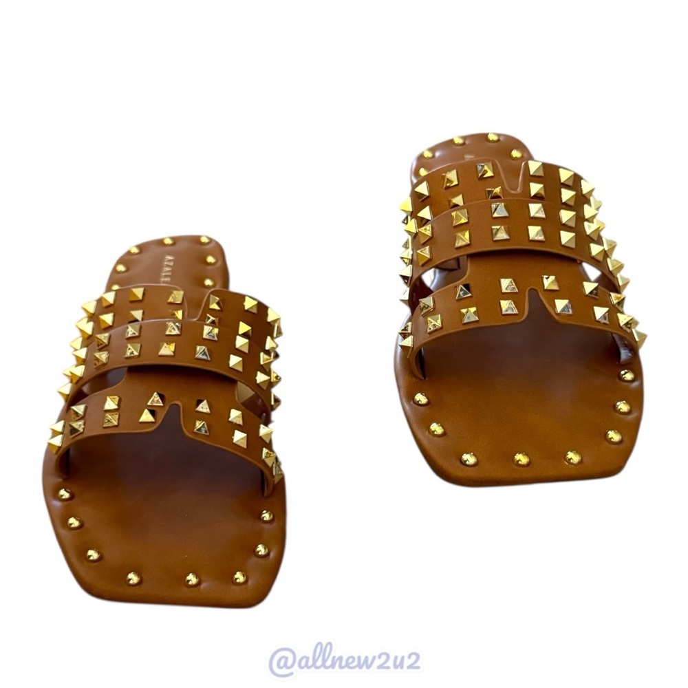Azalea Wang Archer Gold Studded Sandals in Tan Size 7 - Picture 8 of 17